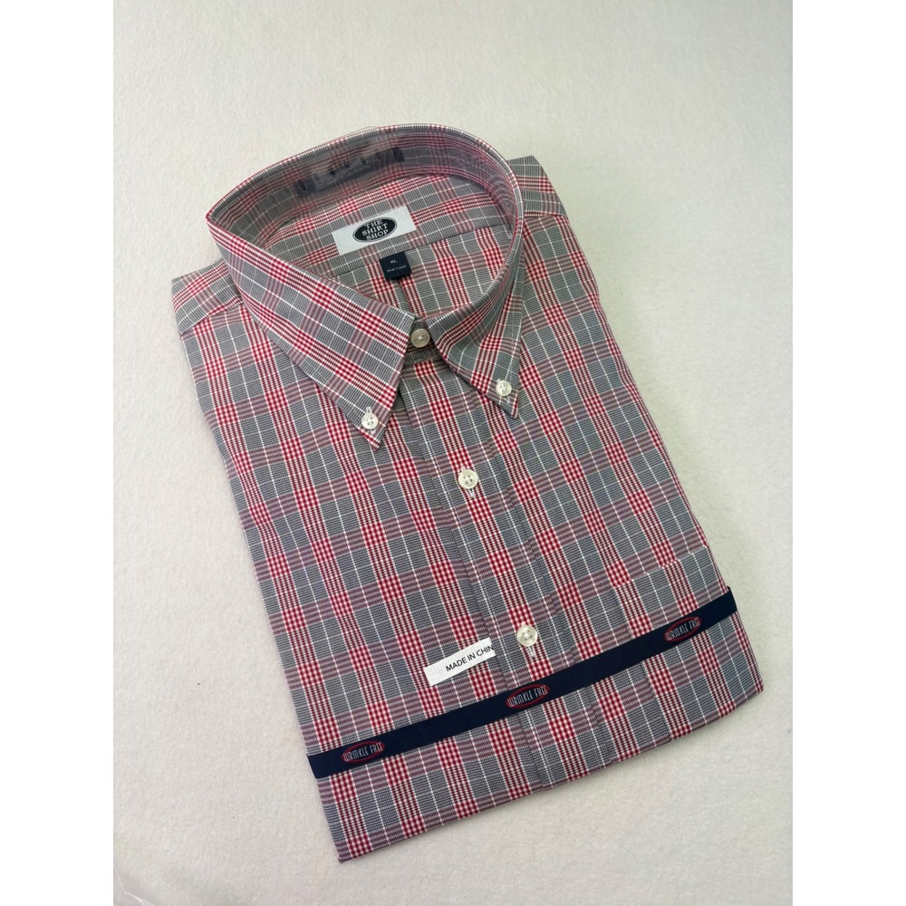The Shirt Shop Button Down Shirt Mens XL Red‎ White Black Plaid New Wrinkle Free